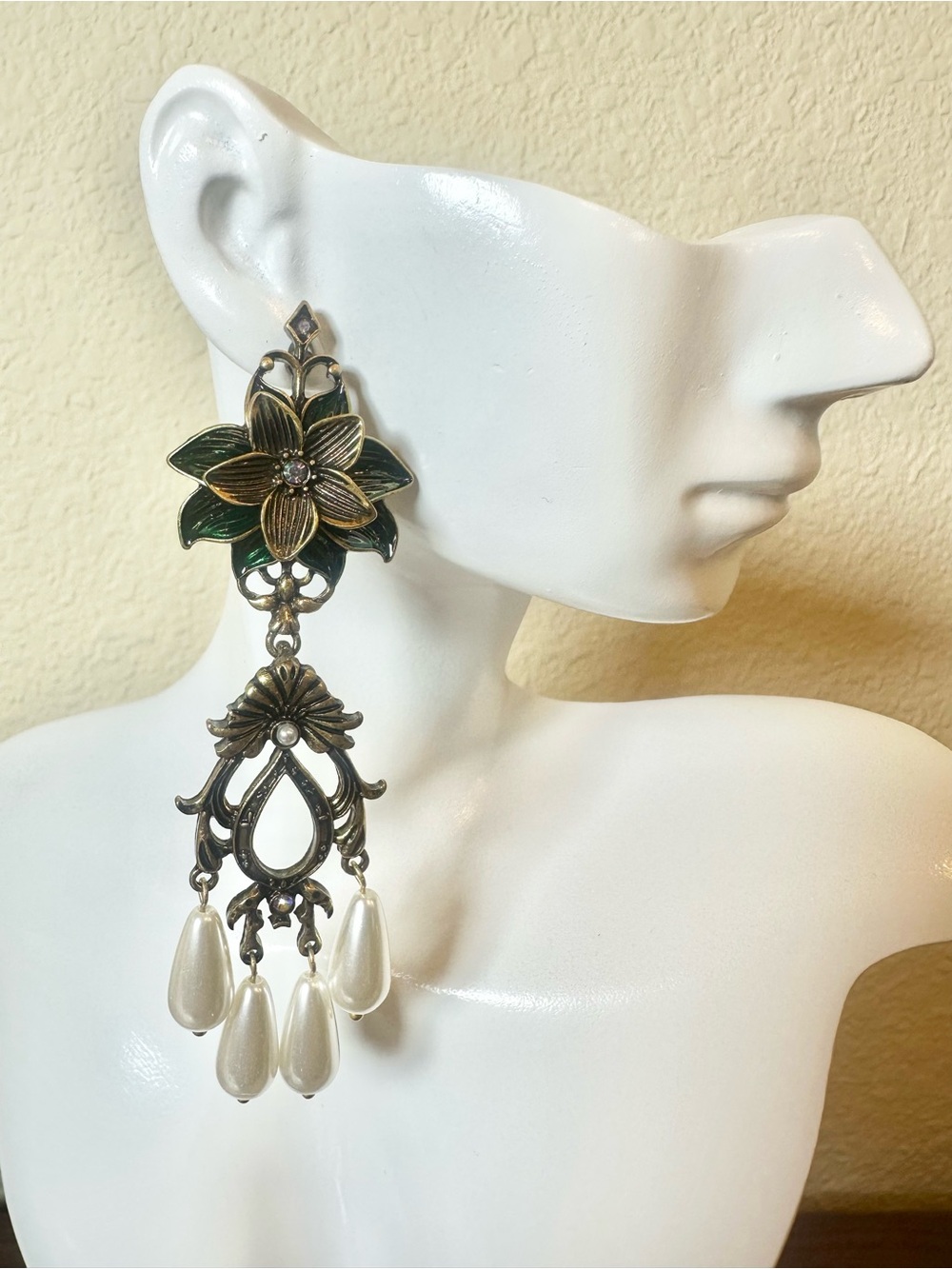 Floral Green Enamel & Pearl Drop Statement Earrings